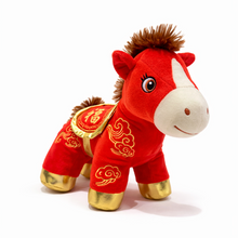 Load image into Gallery viewer, Red plush horse toy with gold accents on a white background