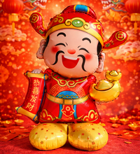 Load image into Gallery viewer, Traditional Chinese figurine (God of Wealth) balloon with festive decorations on a red background