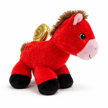Load image into Gallery viewer, Red plush horse toy with a gold coin on a white background
