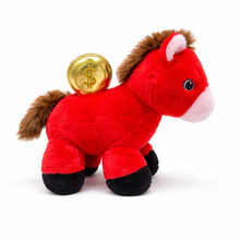 Load image into Gallery viewer, Red plush horse with a gold coin on a white background
